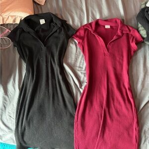 Ribbed Polo Collar Women's Dress - Black and Berry